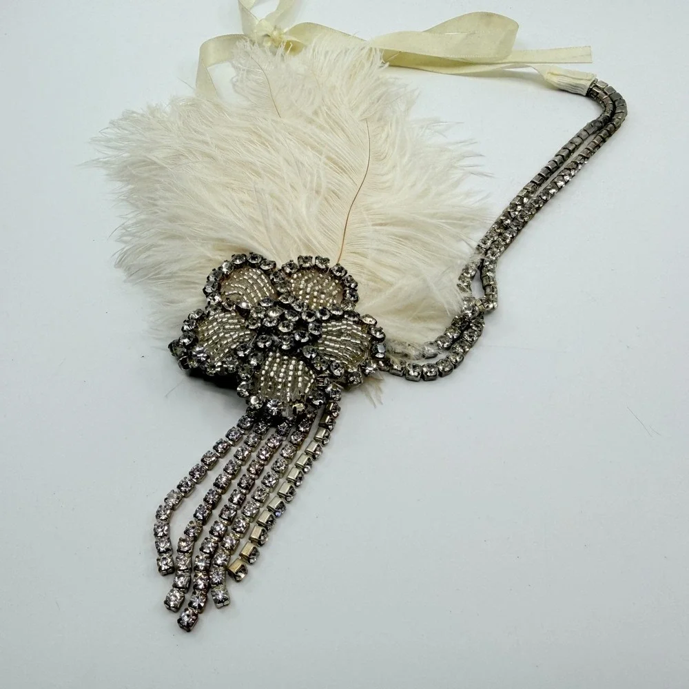 Y2K Gatsby Flapper Feather Headpiece Rhinestone Bridal Statement Headband 1920s